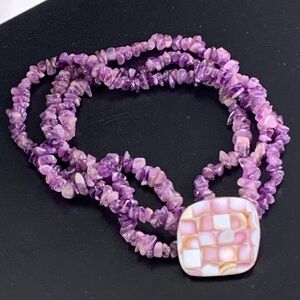 Vintage 3-Strand Amethyst Chip Necklace - MOP Shell Mosaic Pendant - Boho Style